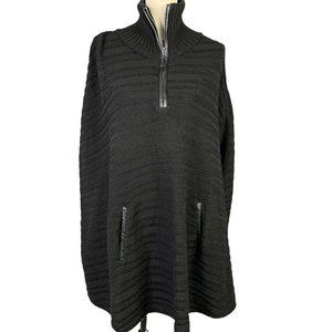 New York Company Sweater Knit Poncho Zip High Neck Black Faux Leather Pockets